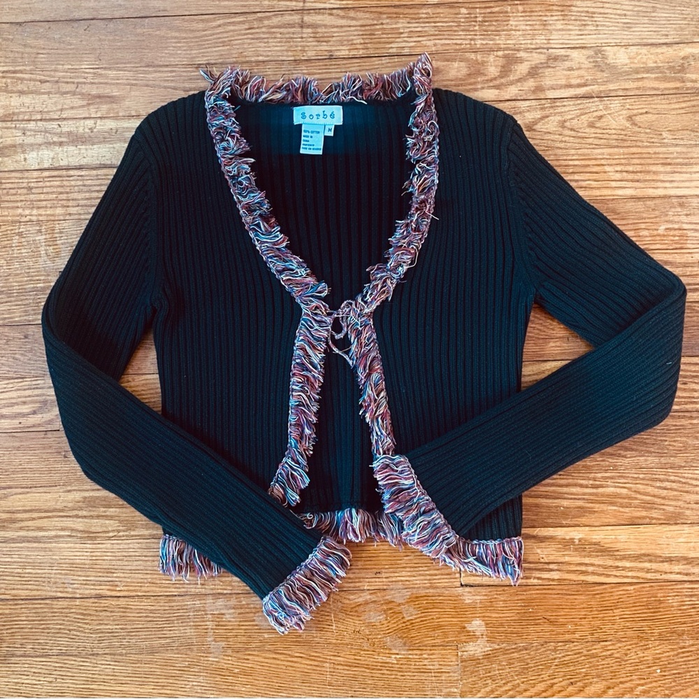 Y2k CROPPED BLACK RIBBED RAINBOW FRINGE TIE FRONT CARDIGAN - Picture 4 of 5